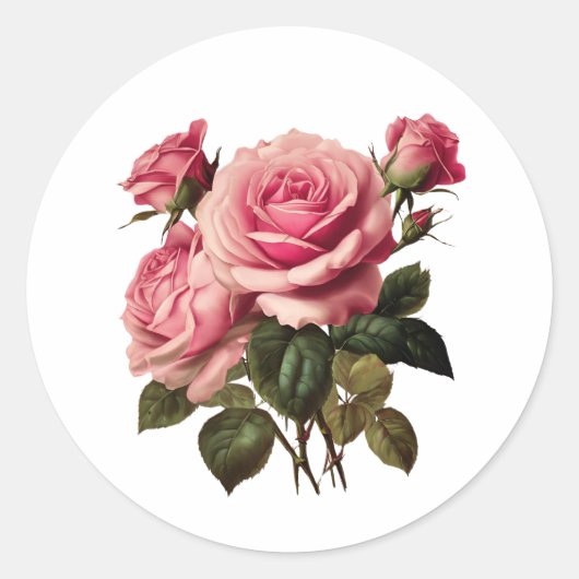 Roze rozen ronde sticker (Voorkant)
