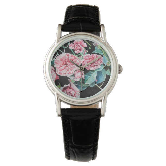 Roze Rozen Roos bloemen waterverf horloge (Voorkant)