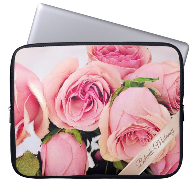 Roze rozen Roos Gold Naam toevoegen Laptop Sleeve (Voorkant)