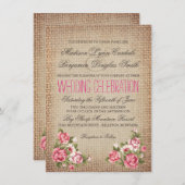  roze rozen roustic Burlap Wedding Invites Kaart (Voorkant / Achterkant)