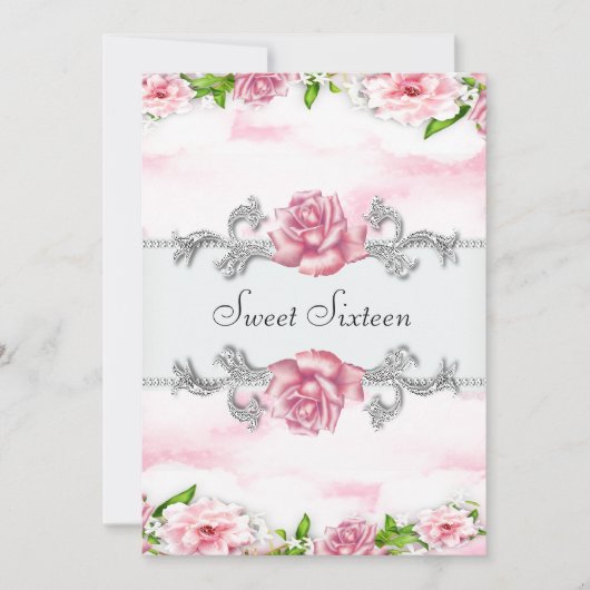Roze Rozen  Roze Wit Sweet Sixteen Party Kaart (Voorkant)