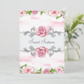 Roze Rozen  Roze Wit Sweet Sixteen Party Kaart (Staand voorkant)