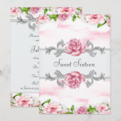 Roze Rozen  Roze Wit Sweet Sixteen Party Kaart (Voorkant / Achterkant)