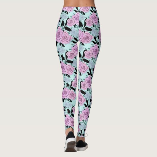 roze rozen, rozen, achtergrond turkooizen leggings (Achterkant)