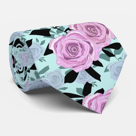 roze rozen, rozen, achtergrond turkooizen stropdas (Opgerold)