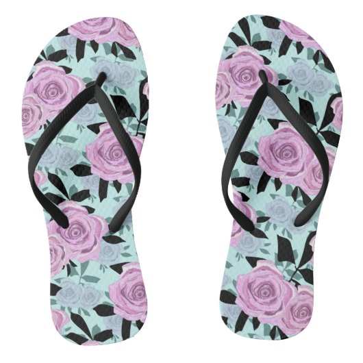 roze rozen, rozen, achtergrond turkooizen teenslippers (Voetbed)