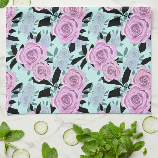 roze rozen, rozen, achtergrond turkooizen theedoek (Gevouwen)