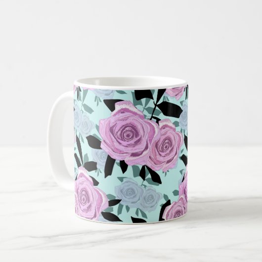 roze rozen, rozen , turquoise achtergrond koffiemok (Voorkant links)
