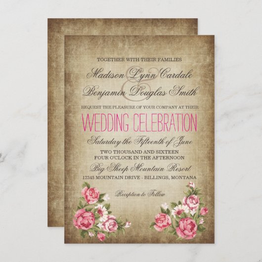  roze rozen Rustic Wedding Invitations Kaart (Voorkant / Achterkant)