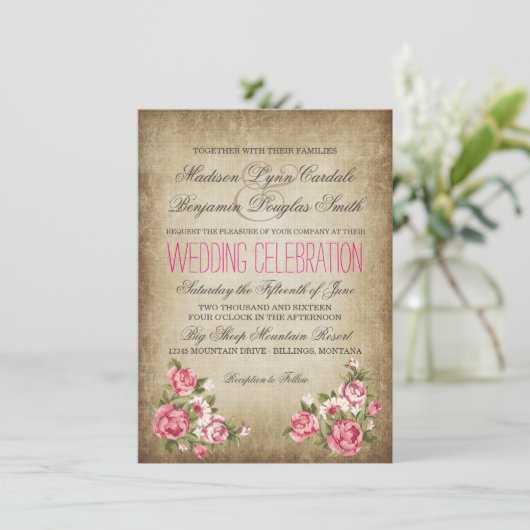  roze rozen Rustic Wedding Invitations Kaart (Staand voorkant)