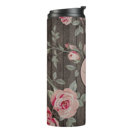 Roze Rozen/Rustiek Hout Monogrammed Thermal Tumble Thermosbeker (Gedraaid links)