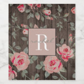 Roze Rozen/Rustiek Hout Monogrammed Wijnlabel Wijn Etiket (Enkel label)