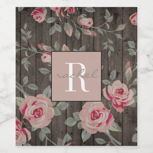 Roze Rozen/Rustiek Hout Monogrammed Wijnlabel Wijn Etiket (Enkel label)