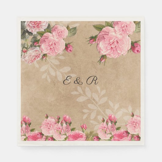  roze rozen, rustiek papier, bruiloft, op maat servetten (Voorkant)