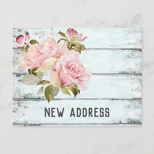 Roze Rozen Rustieke Aqua Fence Nieuw adres Aankondigingskaart (Voorkant)