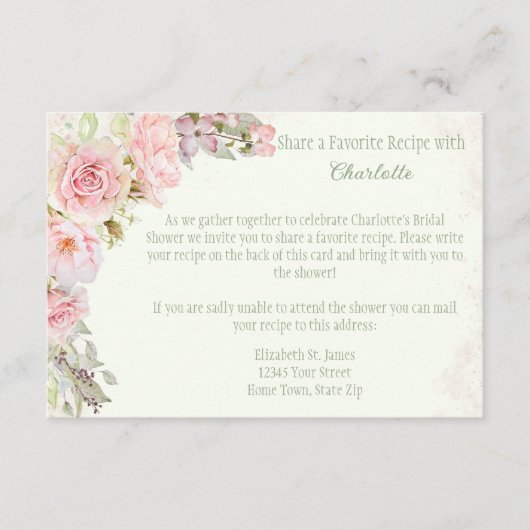 Roze Rozen Sage Groen Vrijgezellenfeest Recept Informatiekaartje (Voorkant)
