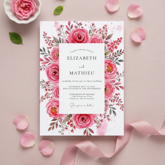 Roze Rozen Schilderachtige Romantische Bruiloft Kaart