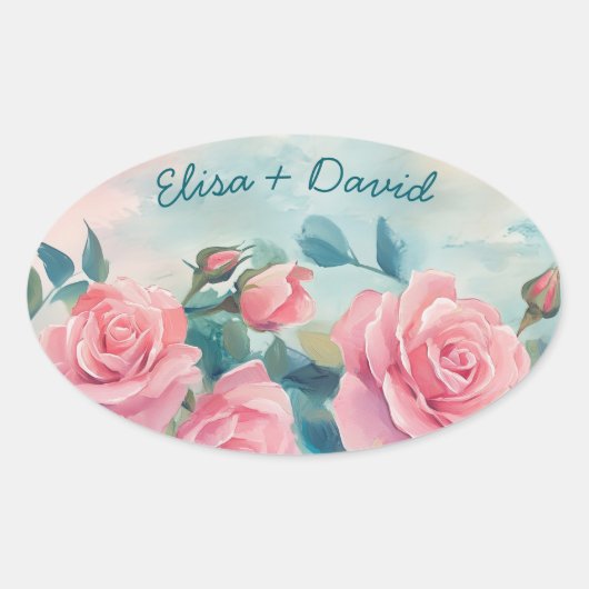 Roze Rozen Schilderen Bruidsdouche Aangepast Ovale Sticker (Voorkant)