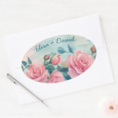 Roze Rozen Schilderen Bruidsdouche Aangepast Ovale Sticker (Envelop)