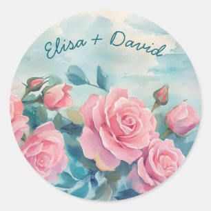 Roze Rozen Schilderen Bruidsdouche Aangepast Ronde Sticker