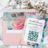 Roze Rozen Schilderen Bruidsdouche Aangepaste QR C Informatiekaartje