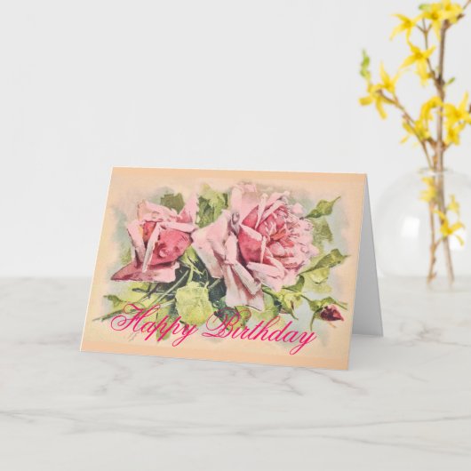  Roze Rozen Schilderij Verjaardag Kaart (Gele Bloem)