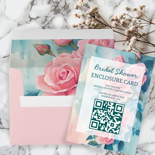 Roze Rozen Schildering Bruids douche Aangepaste QR Informatiekaartje