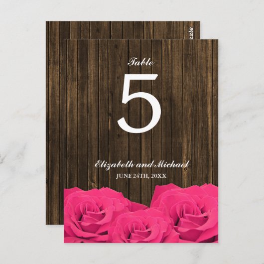 Roze Rozen Schuur Hout Trouwtafel Nummer Briefkaart (Voorkant / Achterkant)