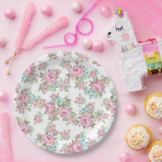 Roze Rozen Shabby  Chic Antiek Papieren Bordje (Feest)