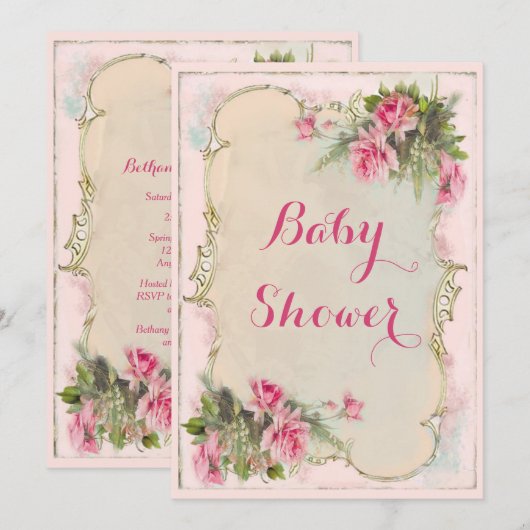 Roze  Rozen Shabby Chic Baby shower Kaart (Voorkant / Achterkant)