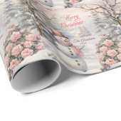 Roze Rozen, Sneeuwman Kerstdorp Cadeaupapier (Rol Hoek)