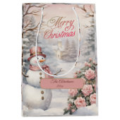  Roze Rozen, Sneeuwman Kerstdorp Medium Cadeauzakje (Voorkant)