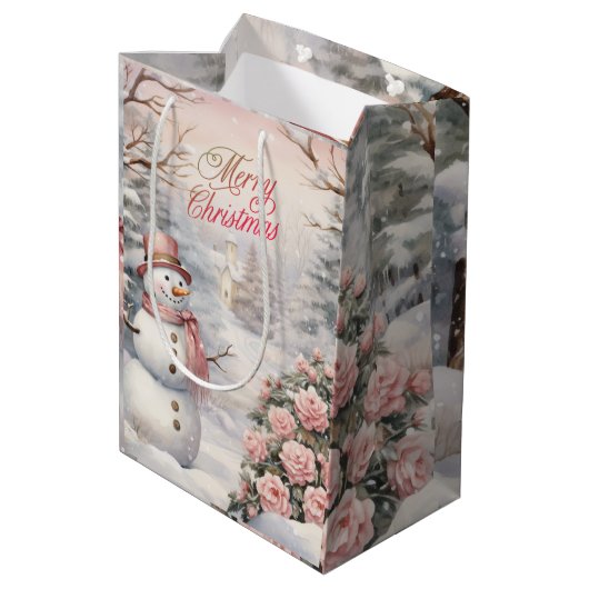  Roze Rozen, Sneeuwman Kerstdorp Medium Cadeauzakje (Achterkant Gekanteld)