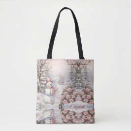  Roze Rozen, Sneeuwman Kerstdorp Tote Bag
