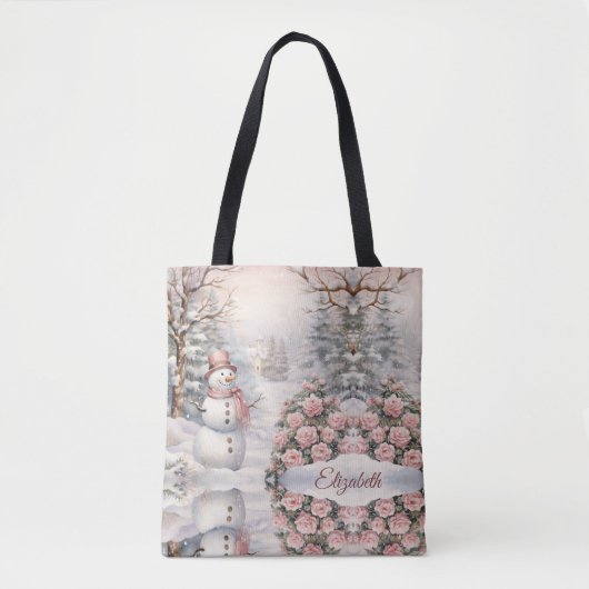 Roze Rozen, Sneeuwman Kerstdorp Tote Bag (Voorkant)