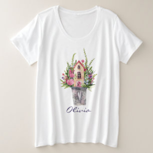 Roze Rozen Sprookjeshuis Waterverf Bloemen Grote Maat T-shirt