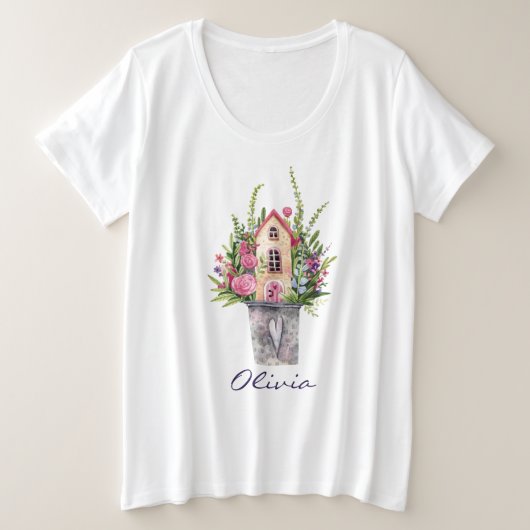 Roze Rozen Sprookjeshuis Waterverf Bloemen Grote Maat T-shirt (Design voorkant)