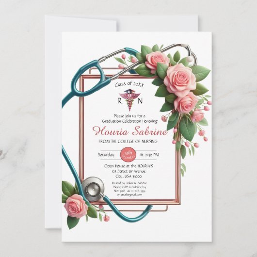 Roze Rozen Stethoscoop Verpleegkundige Afstuderen Bedankkaart (Voorkant)