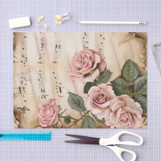 Roze rozen stijl muziekblad ephemera tissuepapier (Craft)