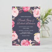 Roze rozen strepen en bloemen bruiloft uitnodiging (Staand voorkant)