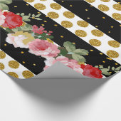 Roze rozen strepen goudneppige goudpokstippen cadeaupapier (Hoek)