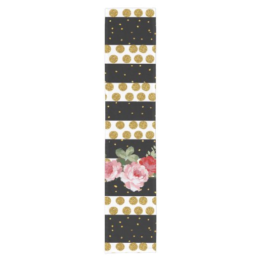 Roze rozen strepen goudneppige goudpokstippen korte tafelloper (Voorkant)