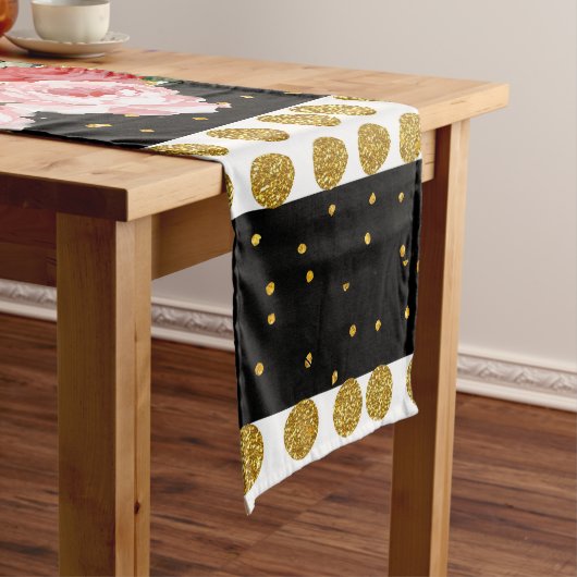 Roze rozen strepen goudneppige goudpokstippen korte tafelloper (Voorbeeld)