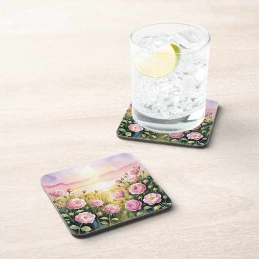 Roze Rozen Sunset Plastic Cork Onderzetter Set (Rechterzijde)