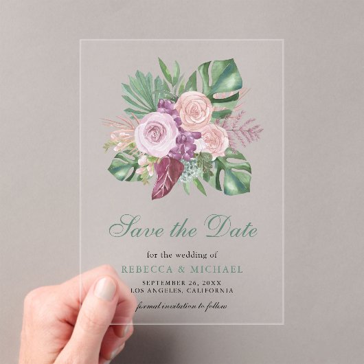Roze Rozen Tropische Monsters Trouwen Save the Dat Acryl Uitnodigingen (Insitu (Draagbaar))