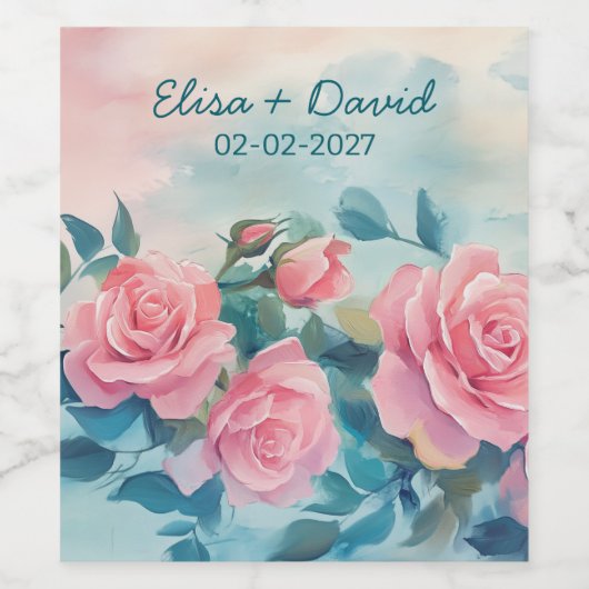 Roze Rozen Trouwen Verloving Vrijgezellenfeest CUS Wijn Etiket (Enkel label)