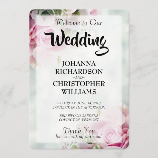 Roze Rozen Trouwprogramma Programmakaart (Voorkant)