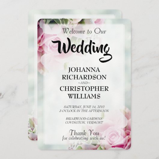 Roze Rozen Trouwprogramma Programmakaart (Voorkant / Achterkant)