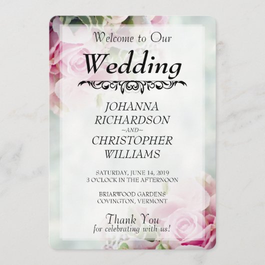 Roze Rozen Trouwprogramma Programmakaart (Voorkant)