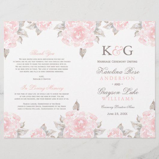 Roze Rozen Trouwprogramma's met Vintage Waterverf (Voorkant)